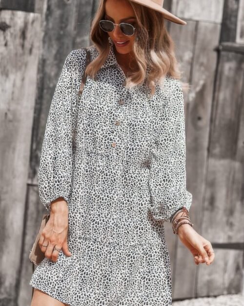 animal print button down a line lantem sleeve dress