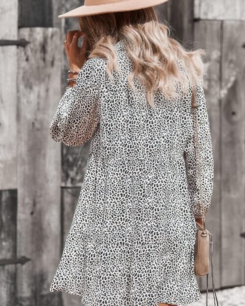 animal print button down a line lantem sleeve dress