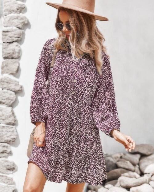 animal print button down a line lantem sleeve dress