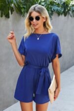 Boat Neck Short Sleeve Waist Tie Loose Romper - Image 2