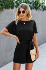 Boat Neck Short Sleeve Waist Tie Loose Romper - Image 5