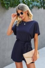 Boat Neck Short Sleeve Waist Tie Loose Romper - Image 7