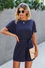 Boat Neck Short Sleeve Waist Tie Loose Romper - Image 8