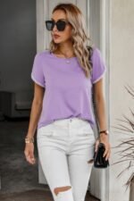 Crewneck Short Sleeve Lace Trim Loose T Shirts