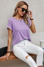 Crewneck Short Sleeve Lace Trim Loose T Shirts - Image 2