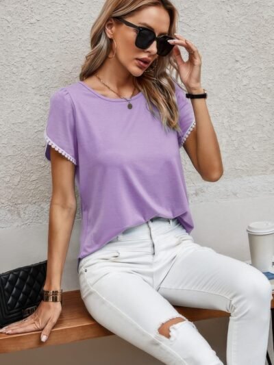 Crewneck Short Sleeve Lace Trim Loose T Shirts Crewneck Short Sleeve Lace Trim Loose T Shirts