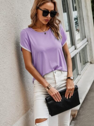 Crewneck Short Sleeve Lace Trim Loose T Shirts Crewneck Short Sleeve Lace Trim Loose T Shirts