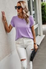 Crewneck Short Sleeve Lace Trim Loose T Shirts - Image 4