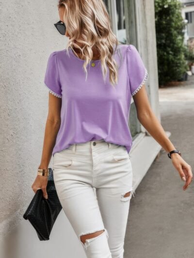 Crewneck Short Sleeve Lace Trim Loose T Shirts Crewneck Short Sleeve Lace Trim Loose T Shirts