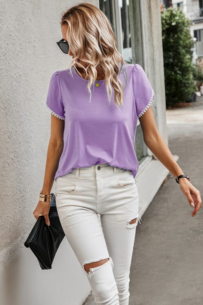 Crewneck short sleeve lace trim loose t shirts - image 5