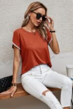 Crewneck Short Sleeve Lace Trim Loose T Shirts - Image 9