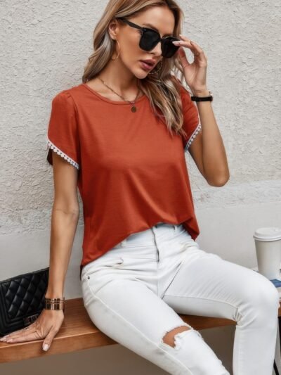 Crewneck Short Sleeve Lace Trim Loose T Shirts Crewneck Short Sleeve Lace Trim Loose T Shirts