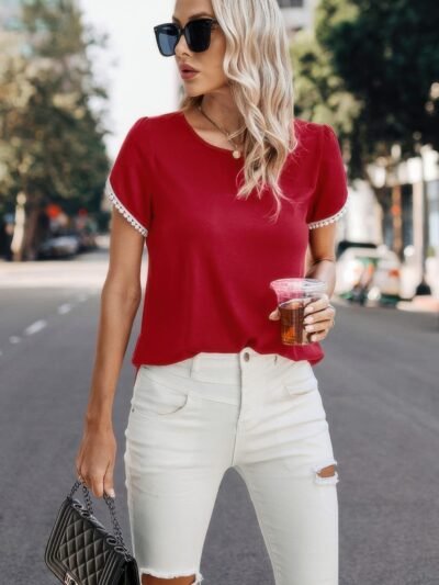 Crewneck Short Sleeve Lace Trim Loose T Shirts Crewneck Short Sleeve Lace Trim Loose T Shirts