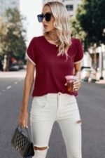 Crewneck Short Sleeve Lace Trim Loose T Shirts - Image 11