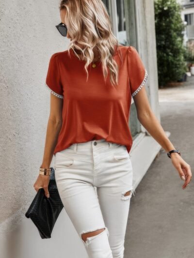 Crewneck Short Sleeve Lace Trim Loose T Shirts Crewneck Short Sleeve Lace Trim Loose T Shirts