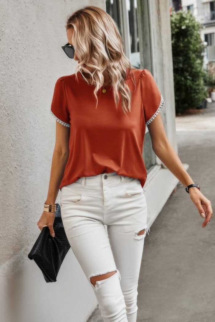 Crewneck short sleeve lace trim loose t shirts - image 17