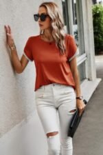 Crewneck Short Sleeve Lace Trim Loose T Shirts - Image 19