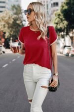 Crewneck Short Sleeve Lace Trim Loose T Shirts - Image 22
