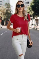 Crewneck Short Sleeve Lace Trim Loose T Shirts - Image 23