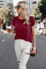 Crewneck Short Sleeve Lace Trim Loose T Shirts - Image 27