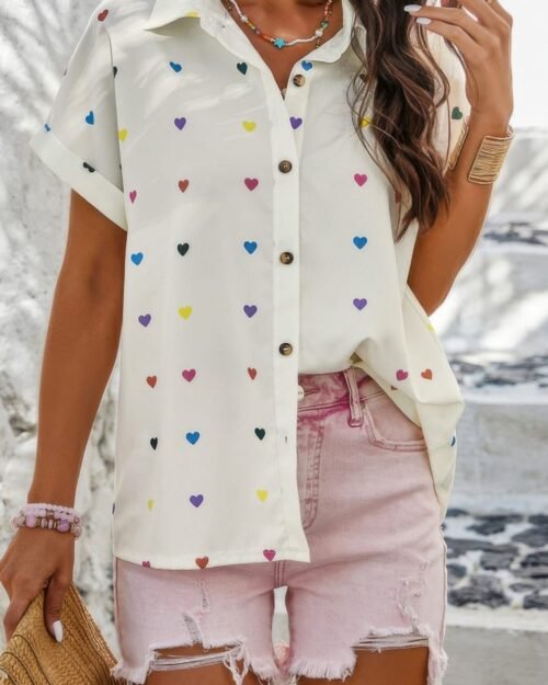 Heart Print Button Down Short Sleeve Loose Shirt