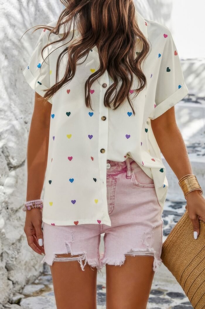 Heart print button down short sleeve loose shirt