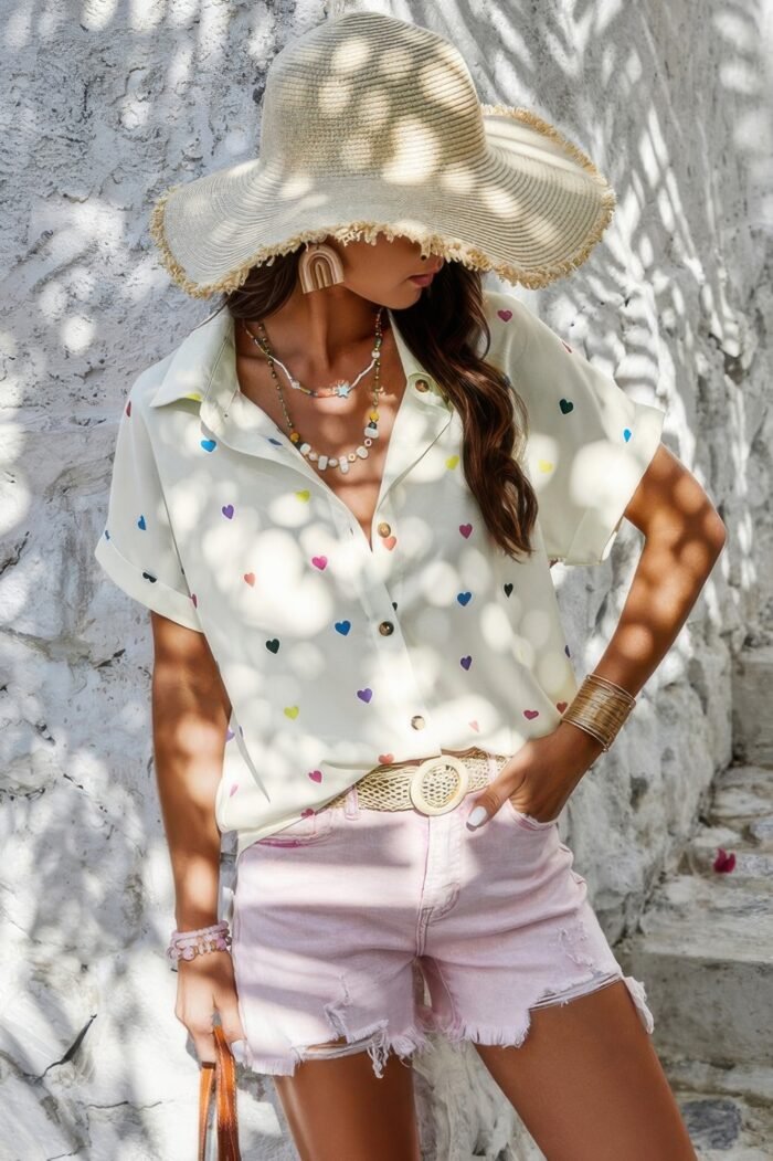 Heart print button down short sleeve loose shirt
