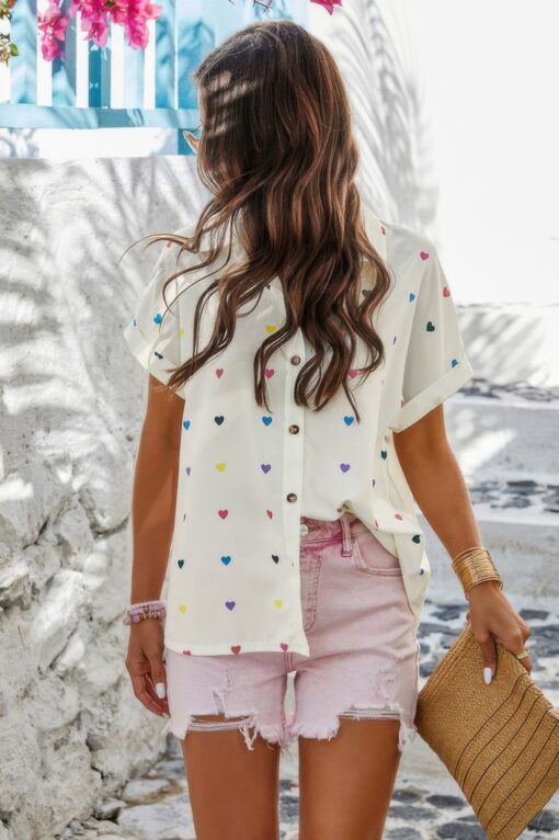 Heart Print Button Down Short Sleeve Loose Shirt - Image 6