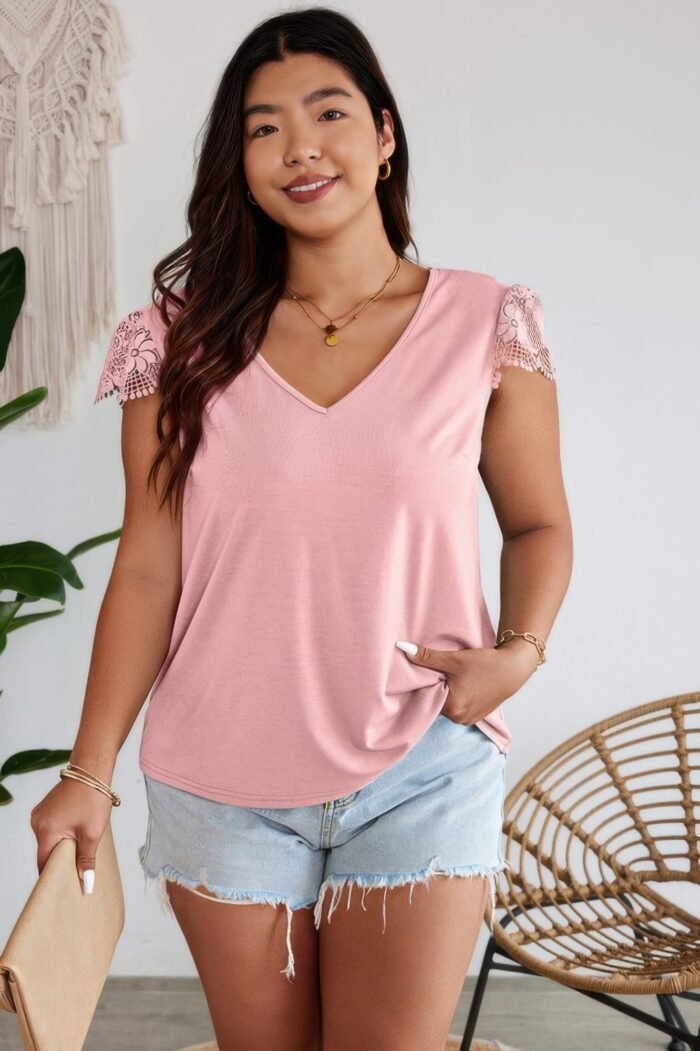 Solid v neck lace splicing back bowknot t shirt