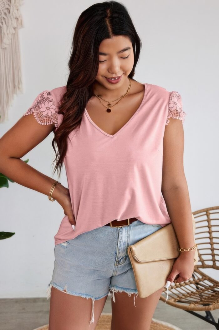 Solid v neck lace splicing back bowknot t shirt