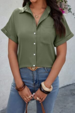 Solid Short Sleeve V Neck Button Down Tunic Shirt
