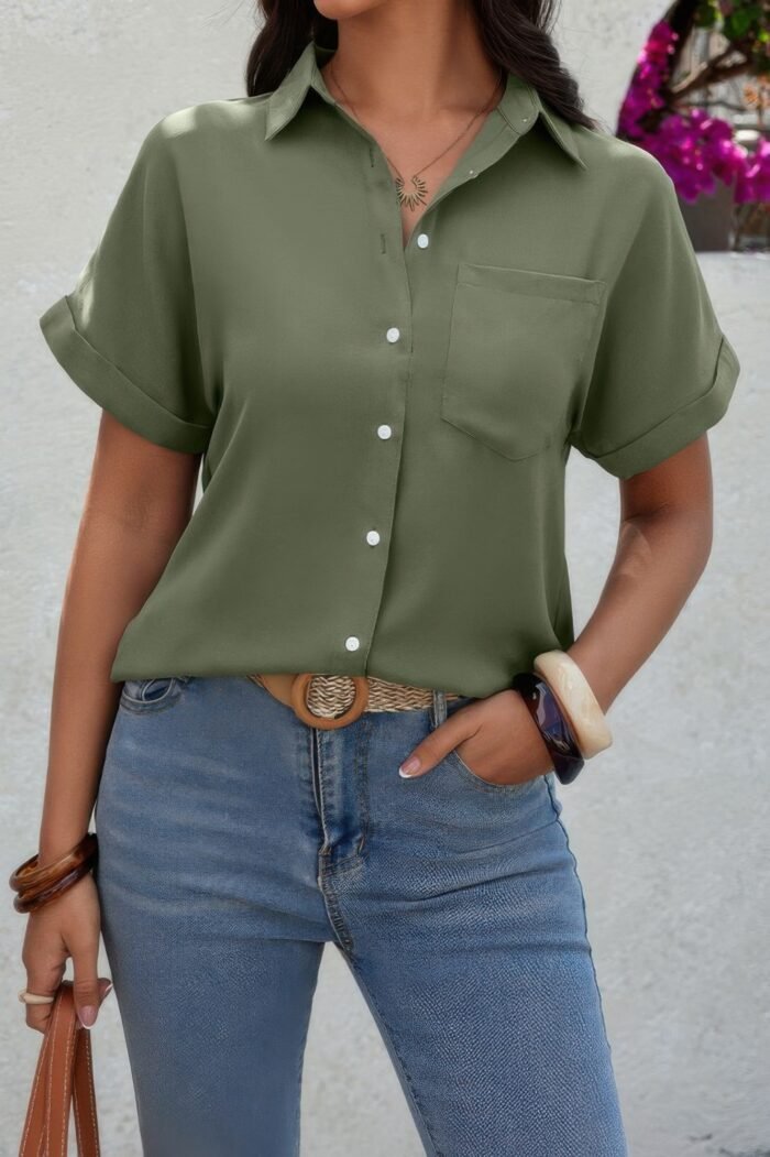 Solid short sleeve v neck button down tunic shirt