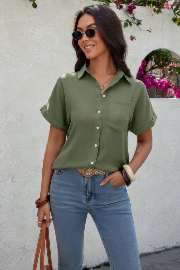 Solid short sleeve v neck button down tunic shirt