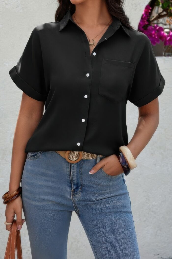 Solid short sleeve v neck button down tunic shirt