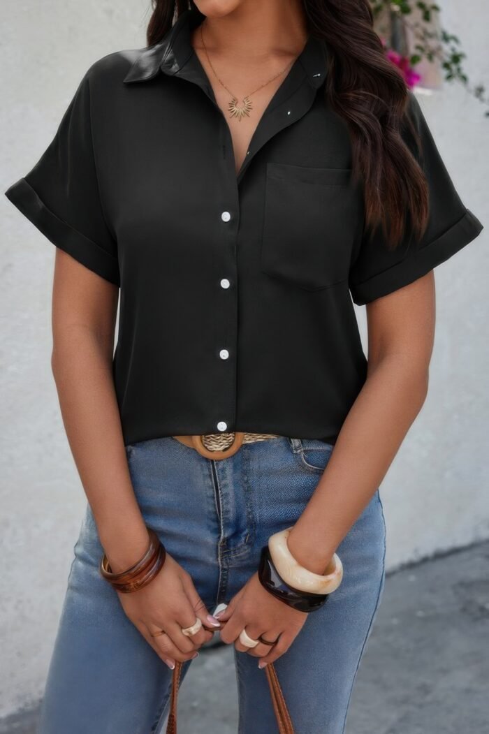 Solid short sleeve v neck button down tunic shirt