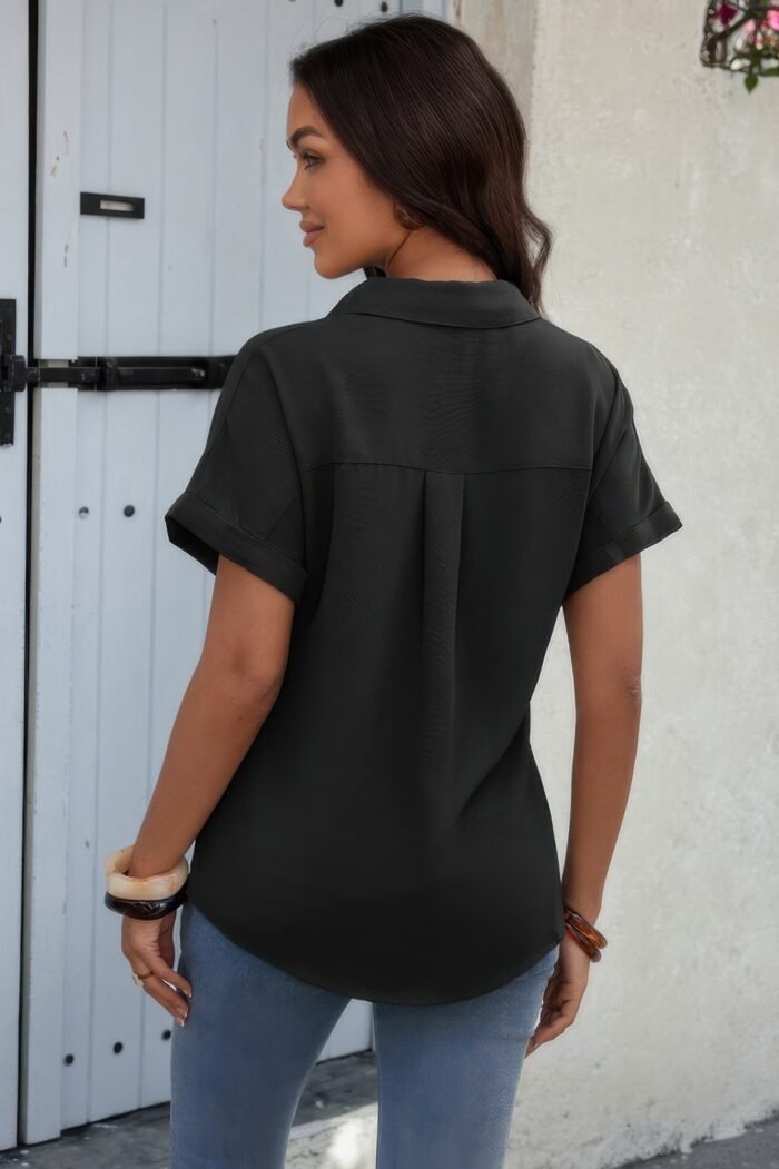 Solid short sleeve v neck button down tunic shirt