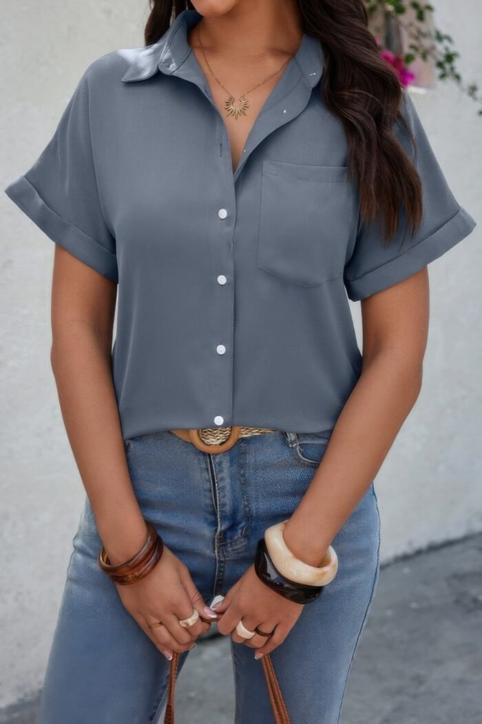 Solid short sleeve v neck button down tunic shirt