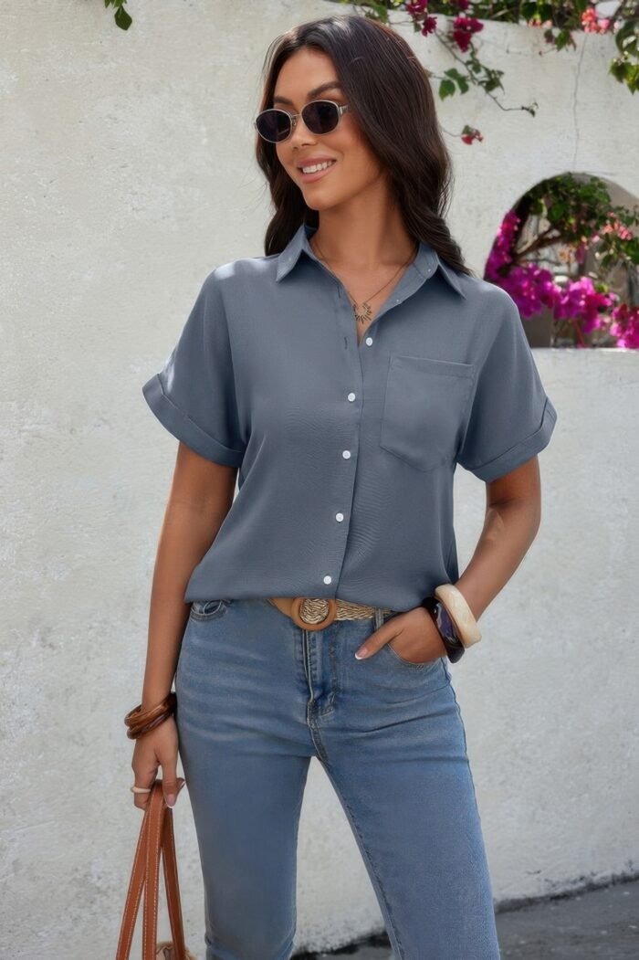 Solid short sleeve v neck button down tunic shirt