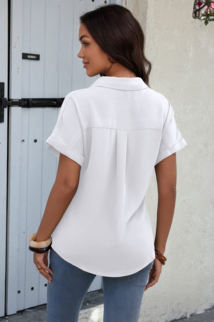 Solid short sleeve v neck button down tunic shirt