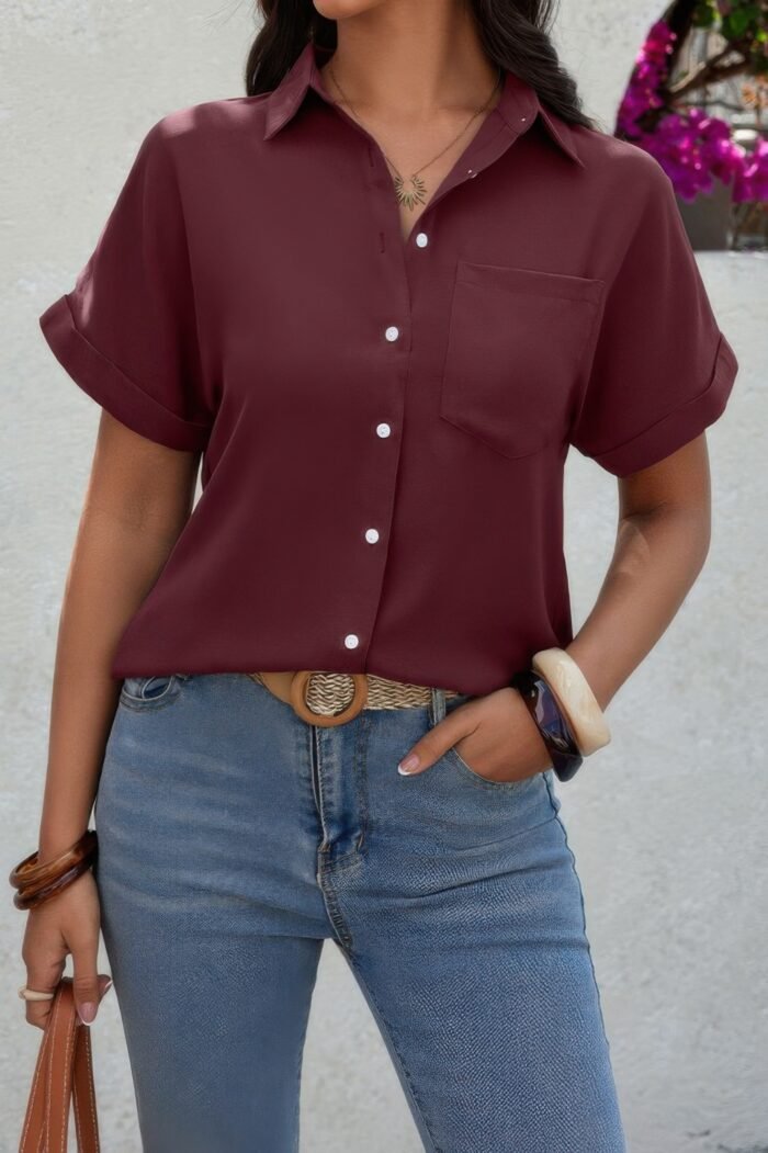 Solid short sleeve v neck button down tunic shirt