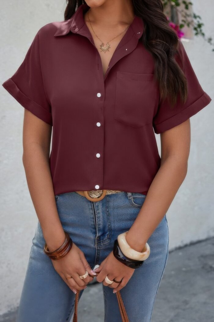 Solid short sleeve v neck button down tunic shirt