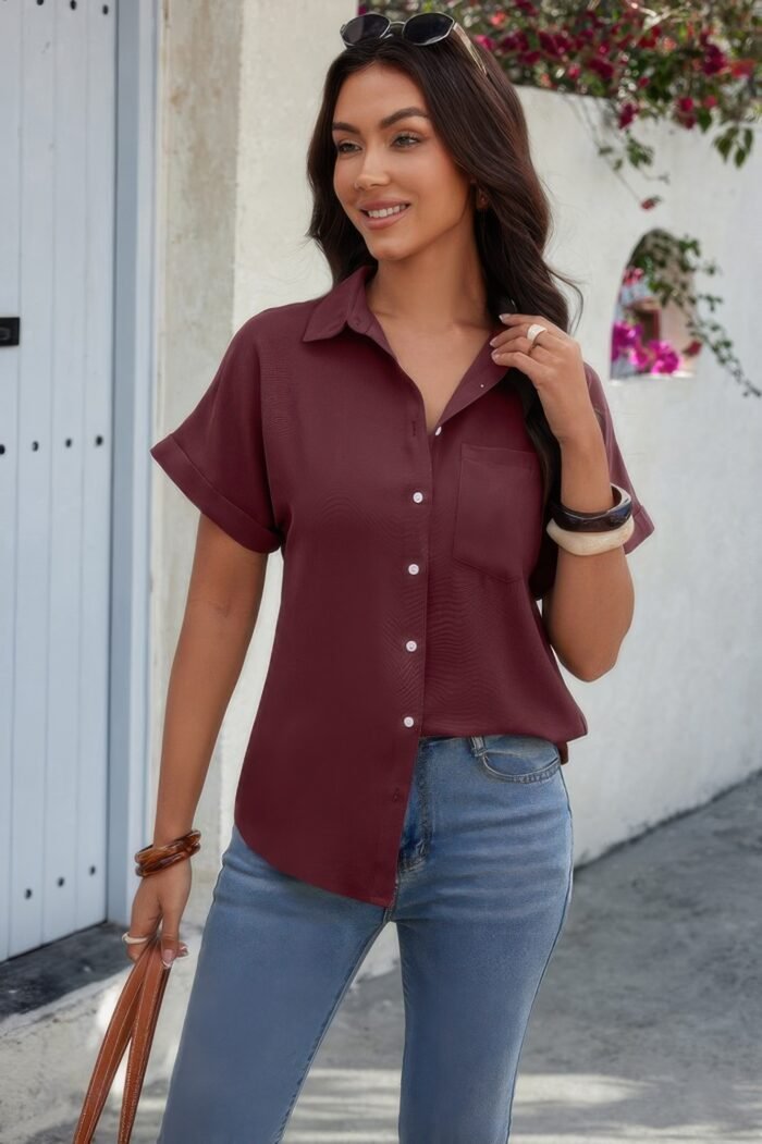 Solid short sleeve v neck button down tunic shirt