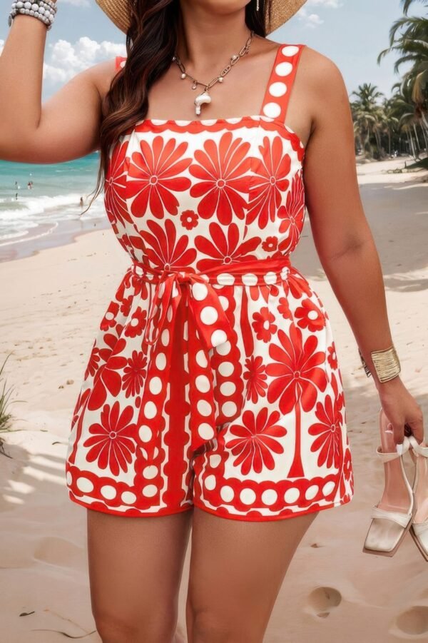 Plus Size Random Printed Belt Sleeveless Romper