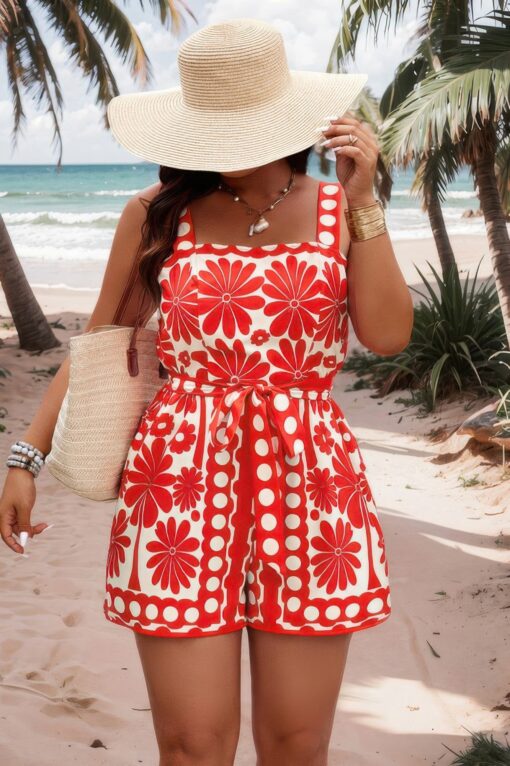 Plus Size Random Printed Belt Sleeveless Romper - Image 3