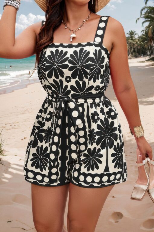Plus Size Random Printed Belt Sleeveless Romper - Image 6