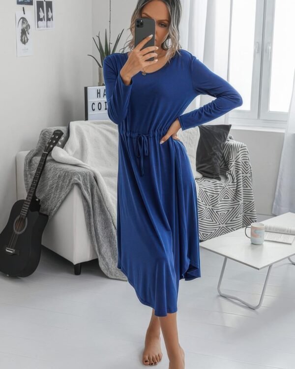 Solid Round Neck Long Sleeve Drawstring Dress