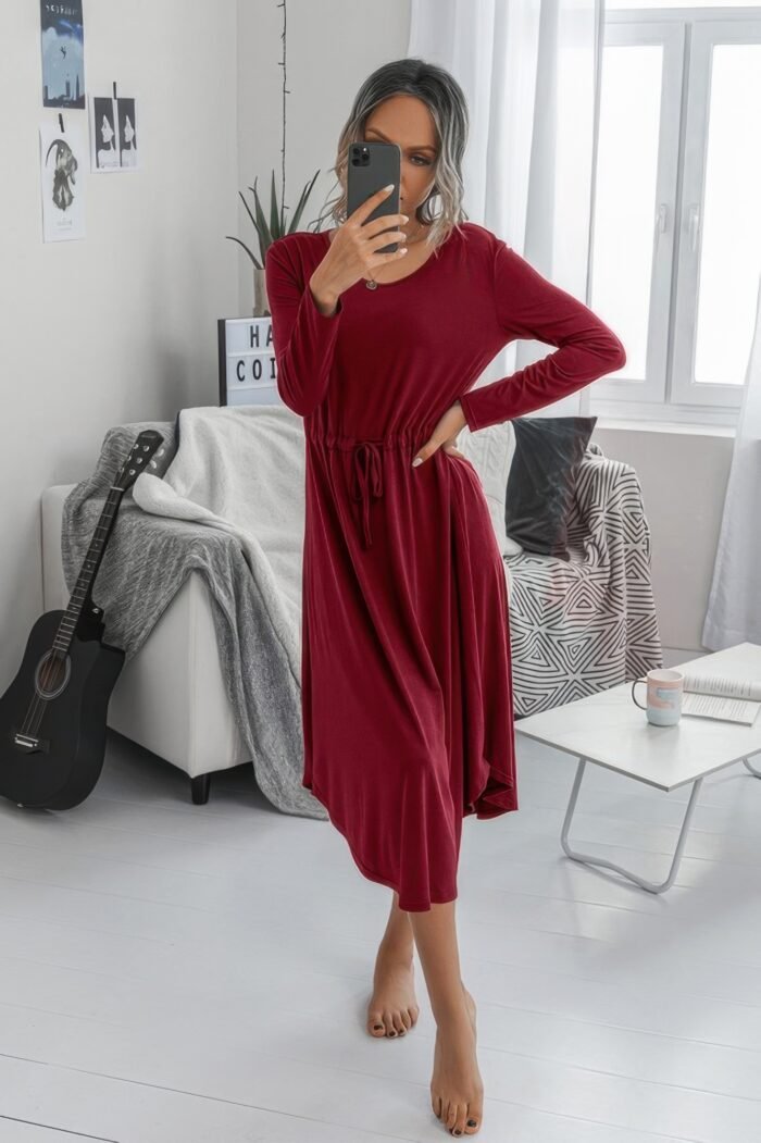 Solid round neck long sleeve drawstring dress