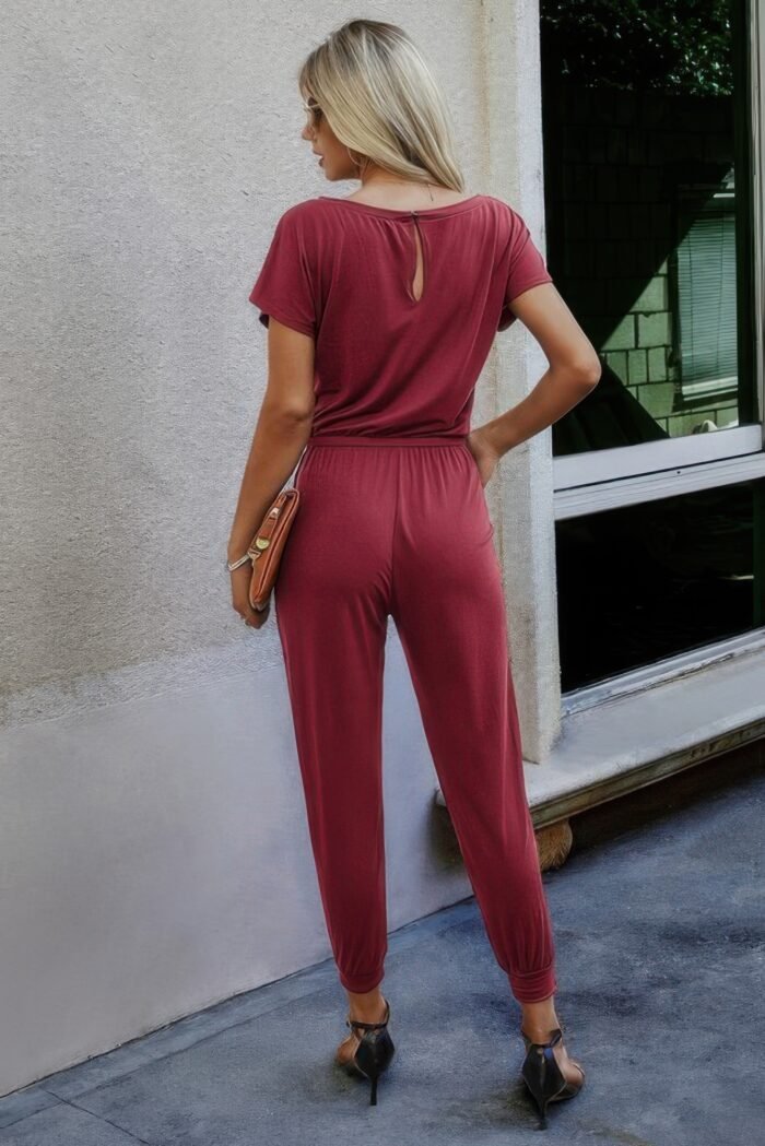 Solid slant shoulder short sleeve jumpsuit