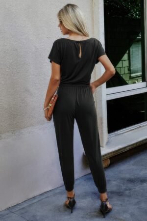 Solid Slant Shoulder Short Sleeve Jumpsuit Solid Slant Shoulder Short Sleeve Jumpsuit