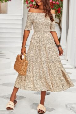 Boho Print Off Shoulder Ruffle Hem Floral Dress